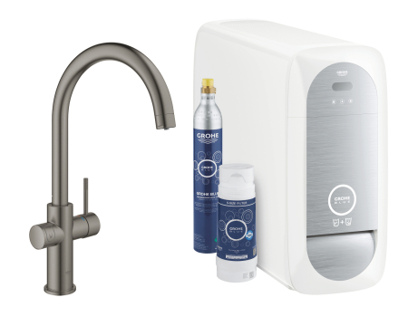 Baie - Baterie bucatarie Grohe 31455AL1, Blue Home, 3/8'', tip C, inalta, filtare, racire, apa carbogazoasa, mat, grafit