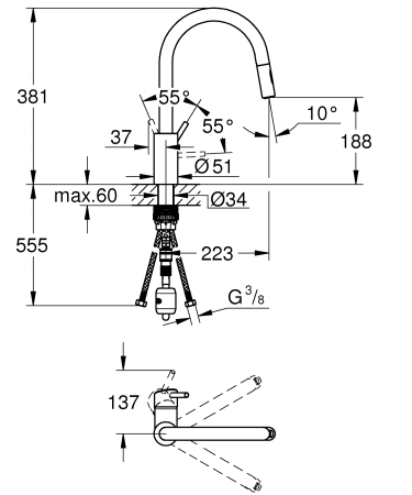 Baterie bucatarie Grohe 31483002, 1 bar, 381 mm, 223 mm, 1 orificii instalare, 2 sprayuri, 360 unghi pivotare, Crom [4]