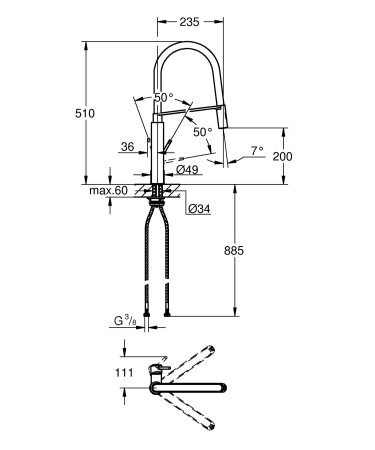 Baterie bucatarie Grohe 31491DC0, Concetto, inalta, tip C, dus profesional, mat, otel satinat [7]