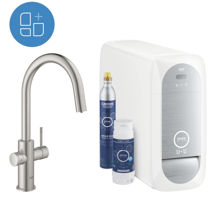 Baterie bucatarie Grohe 31541DC0, Blue Home, inalta, tip C, dus extractabil, filtrare, CO2, racire, mat, otel satinat [5]