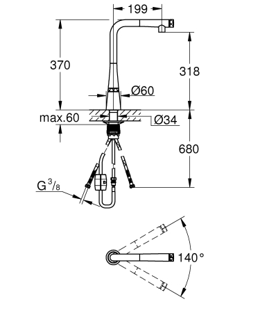 Baterie bucatarie Grohe 31593002, 1 bar, 370 mm, 199 mm, 1 orificii instalare, 2 sprayuri, 140 unghi pivotare, Crom [5]