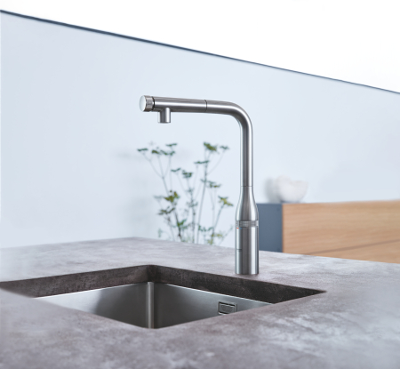 Baterie bucatarie Grohe 31615DC0, Essence Smartcontrol, inalta, tip L, dus extractabil, 2 functii, mat, otel satinat [1]