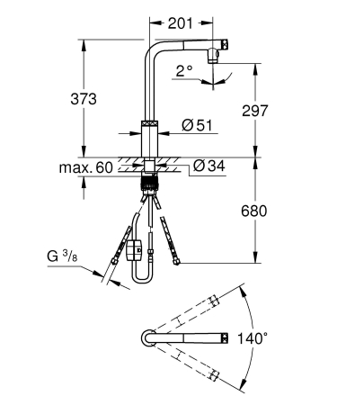 Baterie bucatarie Grohe 31889000, 0.8 bar, 373 mm, 201 mm, 1 orificii instalare, 2 sprayuri, 120 unghi pivotare, Crom [11]