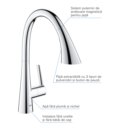 Baterie bucatarie Grohe 32294002, bucatarie Zedra, tip comanda monocomanda, marime inalta, forma pipa tip c, crom [6]
