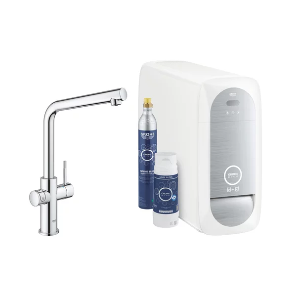 Chiuvete si baterii bucatarie - Baterie bucatarie Grohe Blue Home crom pipa tip L si Starter Kit