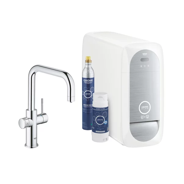 Chiuvete si baterii bucatarie - Baterie bucatarie Grohe Blue Home crom pipa tip U si Starter Kit