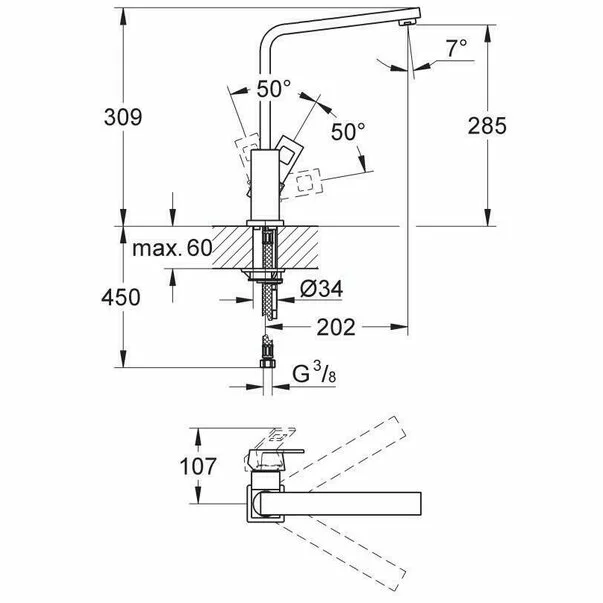 Baterie bucatarie Grohe 31255000, bucatarie Eurocube, tip comanda monocomanda, marime inalta, forma pipa tip l, crom [1]