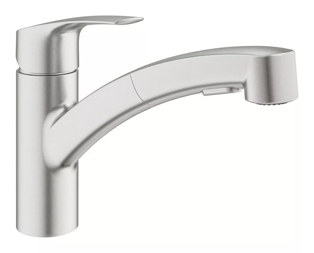 Baterii bucatarie - Baterie bucatarie Grohe Eurosmart, joasa, tip L, dus, 2 functii, mat, otel satinat, 30305DC1