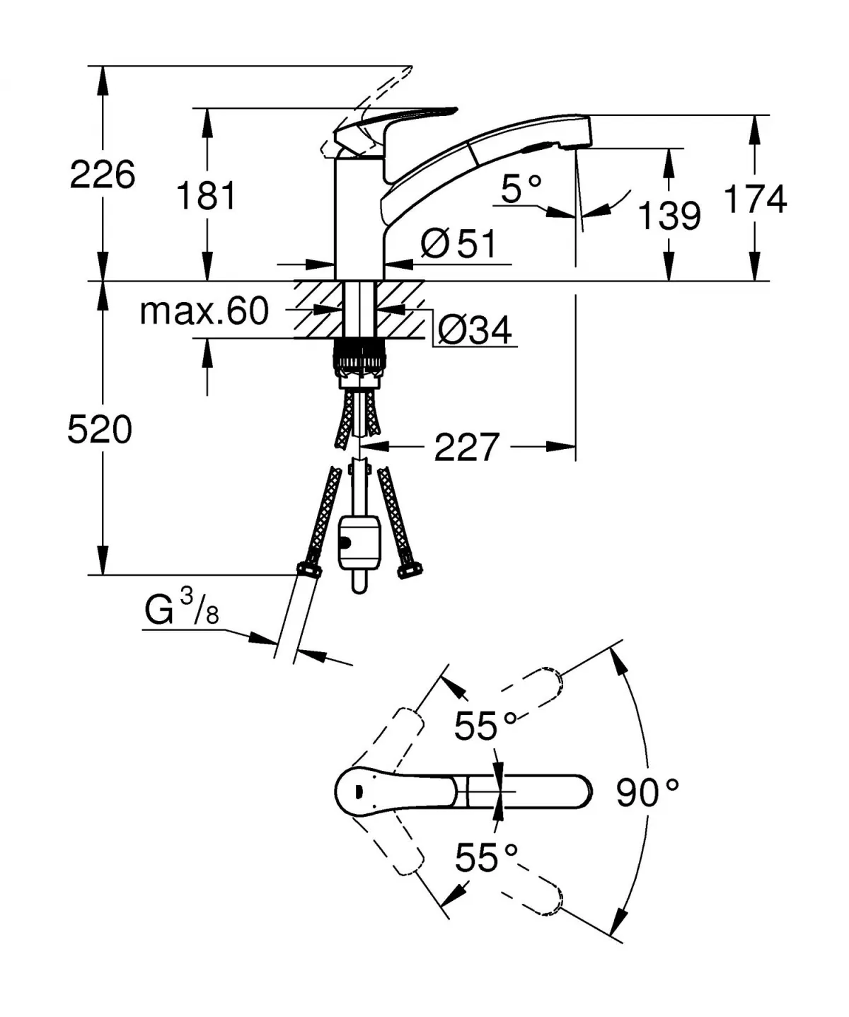 Baterie bucatarie Grohe Eurosmart, joasa, tip L, dus, 2 functii, mat, otel satinat, 30305DC1 [5]