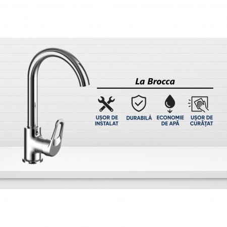Baterie bucatarie La Brocca MILANO P100C711, Monocomanda, Gura inalta tip U, Economie de apa, Silentioasa, Usor de curatat si instalat, alama sanitara, Finisaj crom [1]