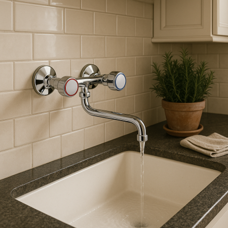 Baterie bucatarie Remer Rubinetterie Traditional 41Y, 2 robineti apa calda/rece, pipa pivotanta, alama cromata [2]