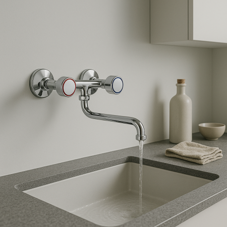 Baterie bucatarie Remer Rubinetterie Traditional 41Y, 2 robineti apa calda/rece, pipa pivotanta, alama cromata [3]