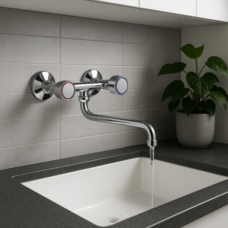 Baterie bucatarie Remer Rubinetterie Traditional 41Y, 2 robineti apa calda/rece, pipa pivotanta, alama cromata [1]