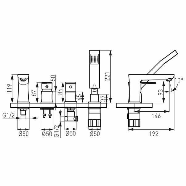 Baterie cada - dus cu 4 piese Ferro Square crom [1]