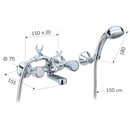 Baterie cada dus cu set de dus Remer Rubinetterie 1000-2000 02Y, monocomanda, montaj pe perete, suport fix, alama si ABS cromat [2]