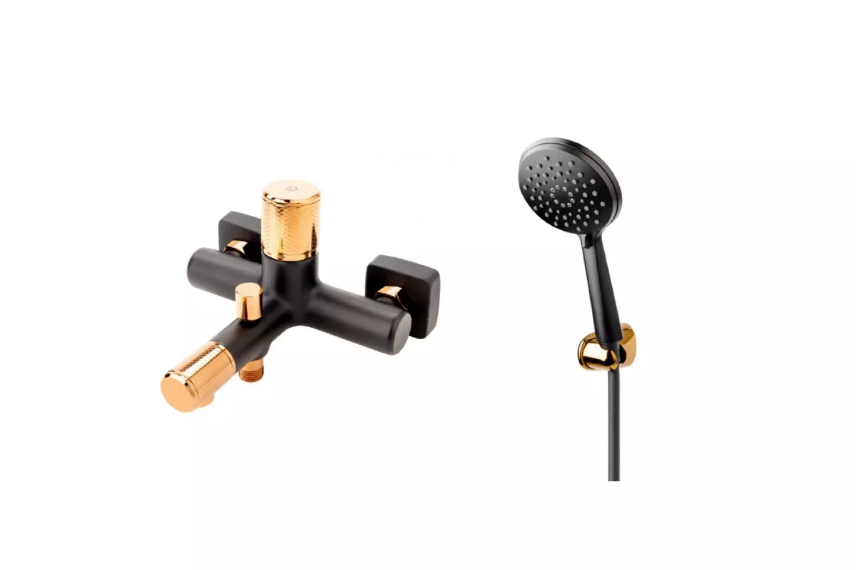 Baterii sanitare - Baterie cada FDesign Ardesia, aparenta, diverter, set dus, mat, negru/cupru, FD1-ARD-1-25