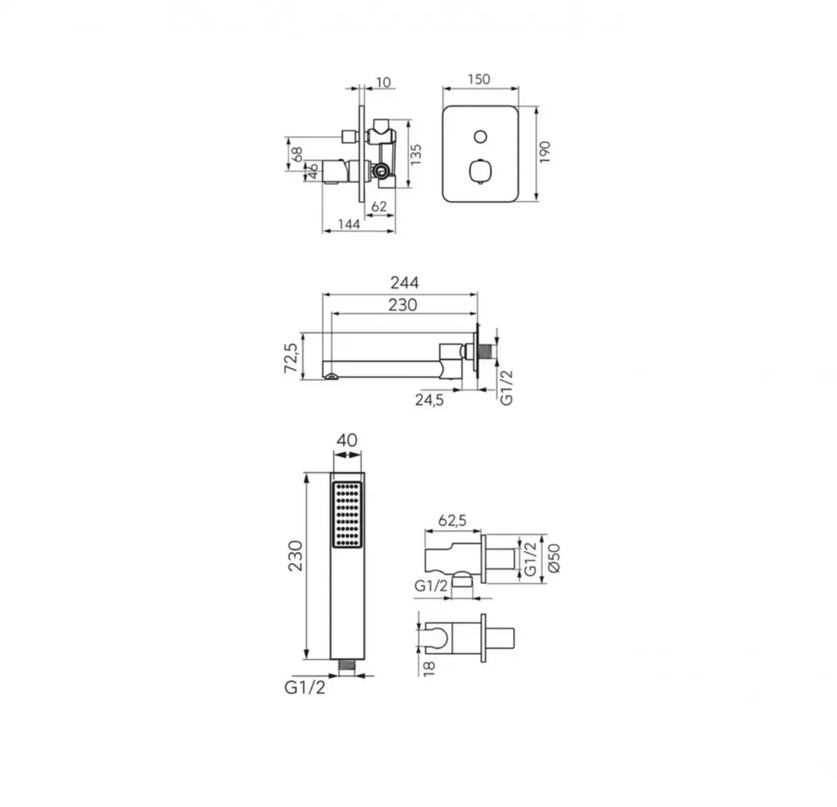 Baterie cada FDesign Meandro FD1-MDR-7PSET1-11, 1/2'', incastrata, diverter, set de dus, 1 pulverizare, crom [1]