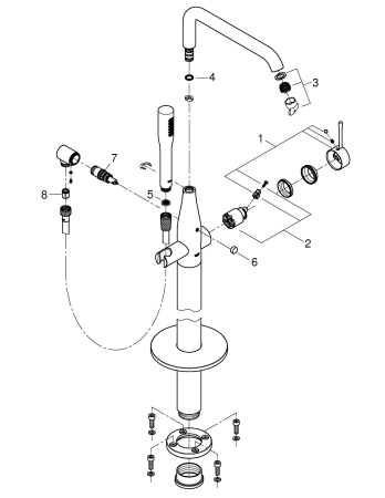 Baterie cada Grohe 25248GN1, Essence, 1/2'', pe podea, set dus, necesita valva, mat, auriu [3]