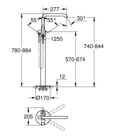 Baterie cada Grohe 25248GN1, Essence, 1/2'', pe podea, set dus, necesita valva, mat, auriu [2]