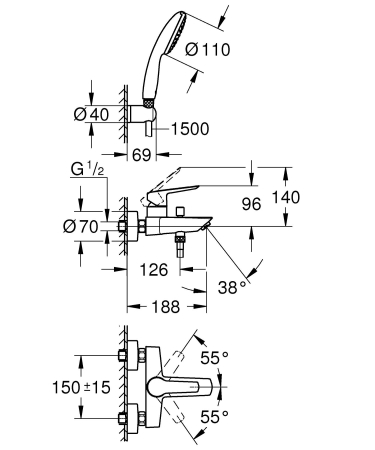 Baterie cada Grohe 25283002, 0.8 bar, 110 mm, 1.5 m, 188 mm, 221 mm, 2 orificii instalare, 1 functii para dus, Crom [2]