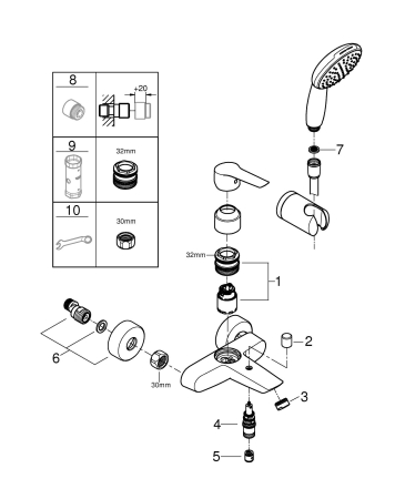 Baterie cada Grohe 25283002, 0.8 bar, 110 mm, 1.5 m, 188 mm, 221 mm, 2 orificii instalare, 1 functii para dus, Crom [3]