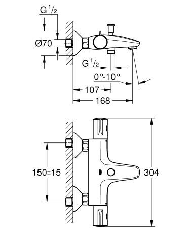 Baterie cada Grohe 34576000, 1 bar, 2 orificii instalare, 1/2 dimensiune racord, 1/2 dimensiune racord furtun, Crom [1]