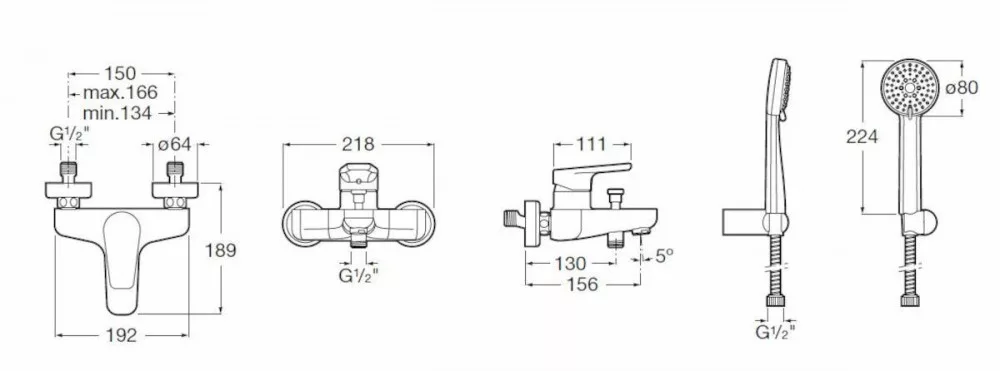 Baterie cada Roca A5A011BC0K, 0.8 bar, 80 mm, 1.7 m, 189 mm, 218 mm, 156 mm, 2 orificii instalare, Crom [1]