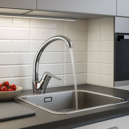 Baterie chiuveta bucatarie Remer, montaj pe chiuveta, pipa inalta si pivotanta, crom lucios, cartus ceramic, aerator, alama [2]