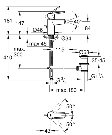 Baterie de bideu Grohe 32560002, 28 mm, 1 bar, 34 mm, 147 mm, 115 mm, 410 mm, 1 orificii instalare, Crom [3]