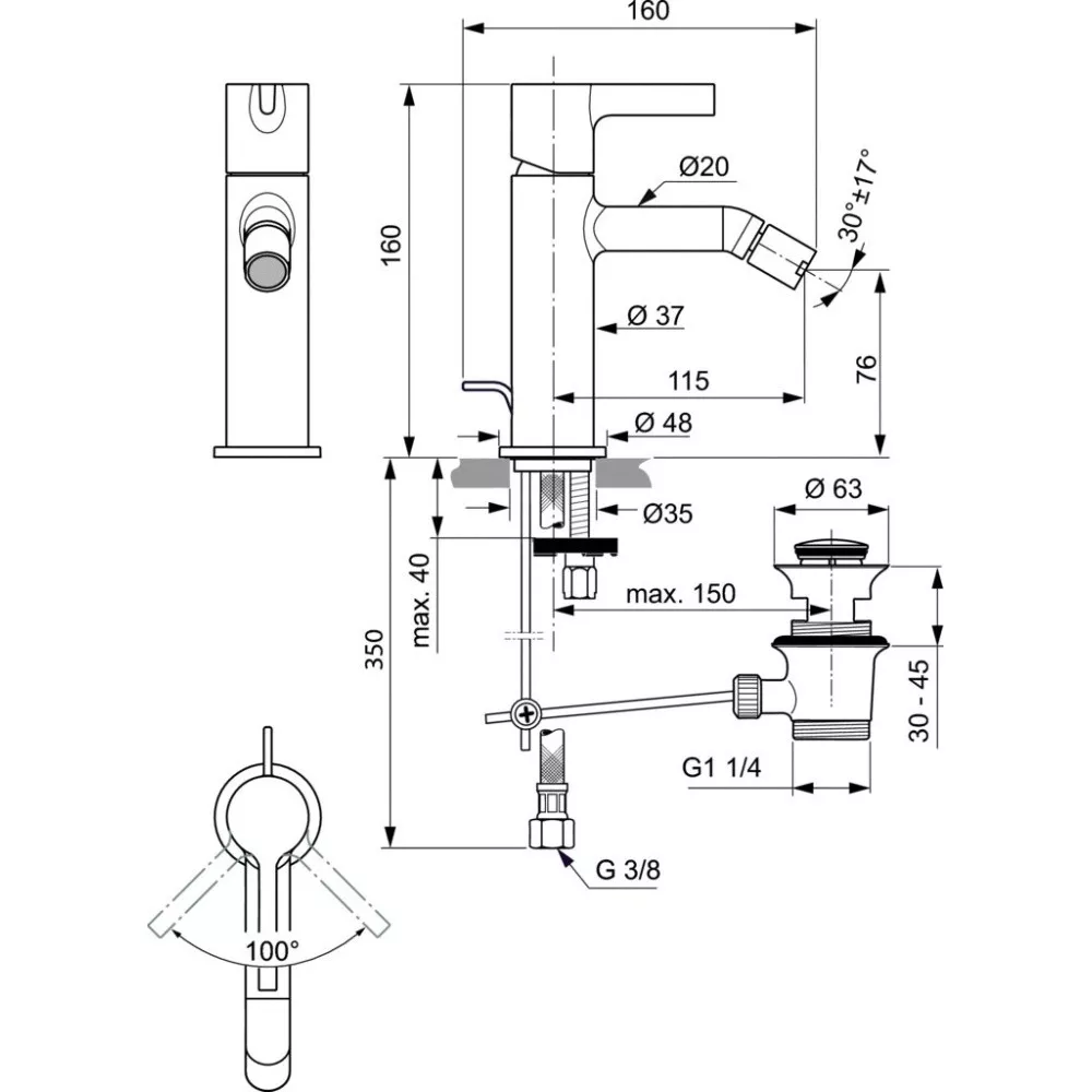 Baterie de bideu Ideal Standard Connect Joy BC784A5, 3/8'', marimea M, ventil cu tija, lucios, gri metalic [1]