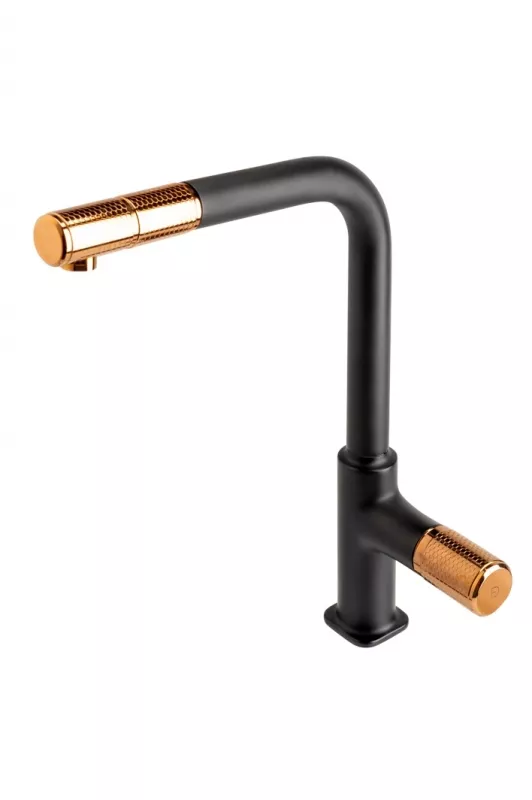 Chiuvete si baterii bucatarie - Baterie de bucatarie FDesign Ardesia FD1-ARD-8-25, 3/8'', pipa inalta, tip L, dus extractabil, pivotanta, mat, negru / cupru