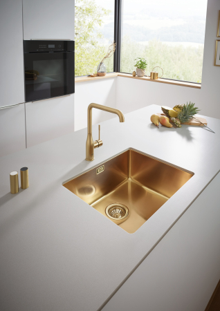 Baterie de bucatarie Grohe 30269GN0, Essence, 3/8'', pipa inalta, tip L, pivotanta, mat, auriu [2]