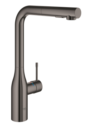 Baie - Baterie de bucatarie Grohe 30270A00, Essence, 3/8'', pipa inalta, tip L, dus extractabil, 2 functii, lucios, grafit