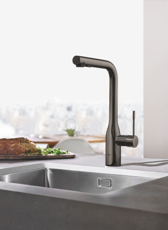 Baterie de bucatarie Grohe 30270A00, Essence, 3/8'', pipa inalta, tip L, dus extractabil, 2 functii, lucios, grafit [1]