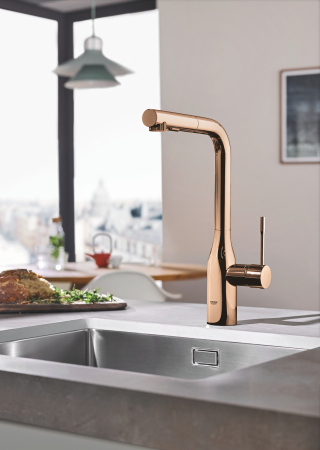 Baie - Baterie de bucatarie Grohe 30270DA0, Essence, 3/8'', pipa inalta, tip L, dus, 2 functii, lucios, cupru