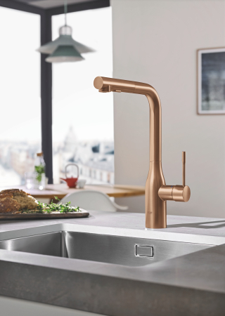 Baie - Baterie de bucatarie Grohe 30270DL0, Essence, 3/8'', pipa inalta, tip L, dus, 2 functii, mat, cupru