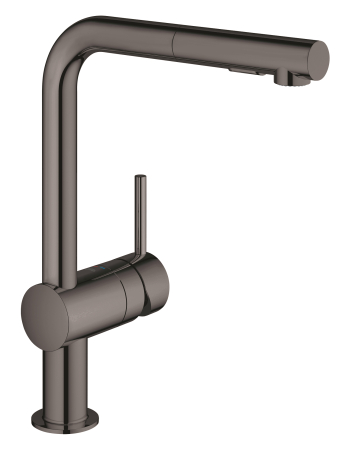 Baie - Baterie de bucatarie Grohe 30274A00, Minta, 3/8'', pipa inalta, tip L, dus extractabil, 2 functii, lucios, grafit