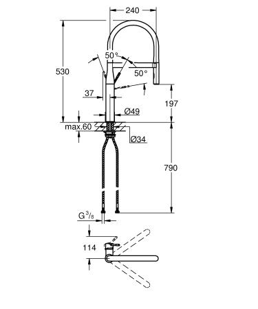Baterie de bucatarie Grohe 30294GL0, Essence, 3/8'', inalta, tip C, dus extractabil, 2 functii, lucios, auriu [3]