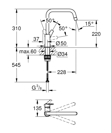Baterie de bucatarie Grohe 30470DC0, Start, inalta, tip U, pivotanta, mat, otel satinat [6]