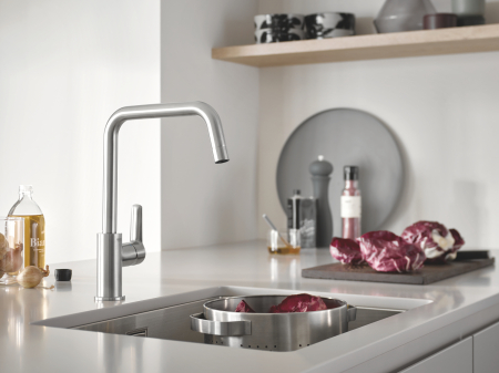 Baterie de bucatarie Grohe 30470DC0, Start, inalta, tip U, pivotanta, mat, otel satinat [1]