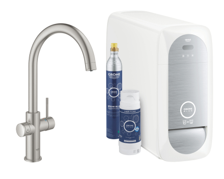 Baterii bucatarie - Baterie de bucatarie Grohe 31455DC1, Blue Home, inalta, tip C, filtare, racire, apa carbogazoasa, mat, otel satinat