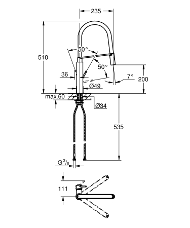 Baterie de bucatarie Grohe 31491000, 1 bar, 510 mm, 235 mm, 1 orificii instalare, 2 sprayuri, 360 unghi pivotare, Crom [11]