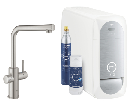 Baterii bucatarie - Baterie de bucatarie Grohe 31539DC0, Blue Home, inalta, tip L, filtrare, racire, apa carbogazoasa, dus, mat