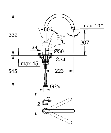 Baterie de bucatarie Grohe 31554001, 1 bar, 332 mm, 223 mm, 1 orificii instalare, 1 sprayuri, 360 unghi pivotare, Crom [1]