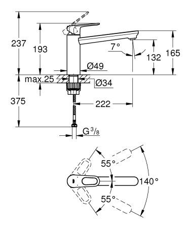 Baterie de bucatarie Grohe 31688000, 1 bar, 193 mm, 222 mm, 1 orificii instalare, 1 sprayuri, 140 unghi pivotare, Crom [5]