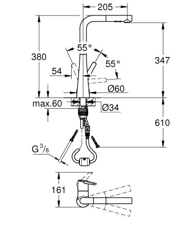 Baterie de bucatarie Grohe 32553002, 1 bar, 380 mm, 205 mm, 1 orificii instalare, 2 sprayuri, 360 unghi pivotare, Crom [8]