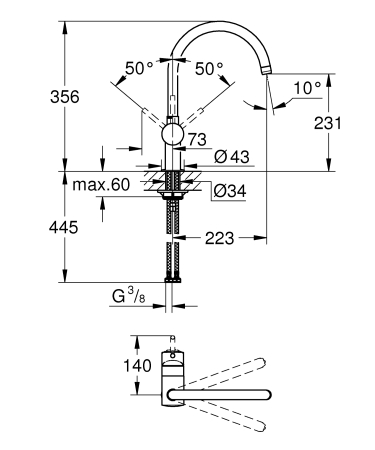 Baterie de bucatarie Grohe 32917AL0, Minta, 3/8'', pipa inalta, tip C, pivotanta, mat, grafit [2]