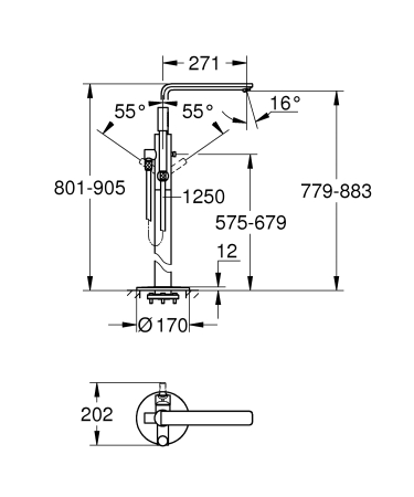 Baterie de cada Grohe 23792001, 1 bar, 66 mm, 1.25 m, 905 mm, 271 mm, 1 orificii instalare, 1 functii para dus, Crom [4]
