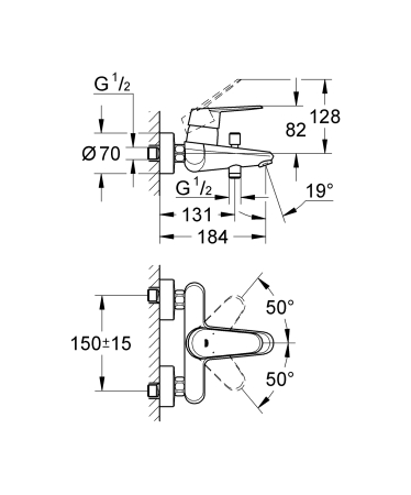 Baterie de cada Grohe 33390002, 1 bar, 194 mm, 224 mm, 2 orificii instalare, 1/2 dimensiune racord, Crom [3]