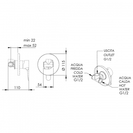 Baterie cada sau dus Remer Winner W30, incastrata, crom lucios, alama [2]
